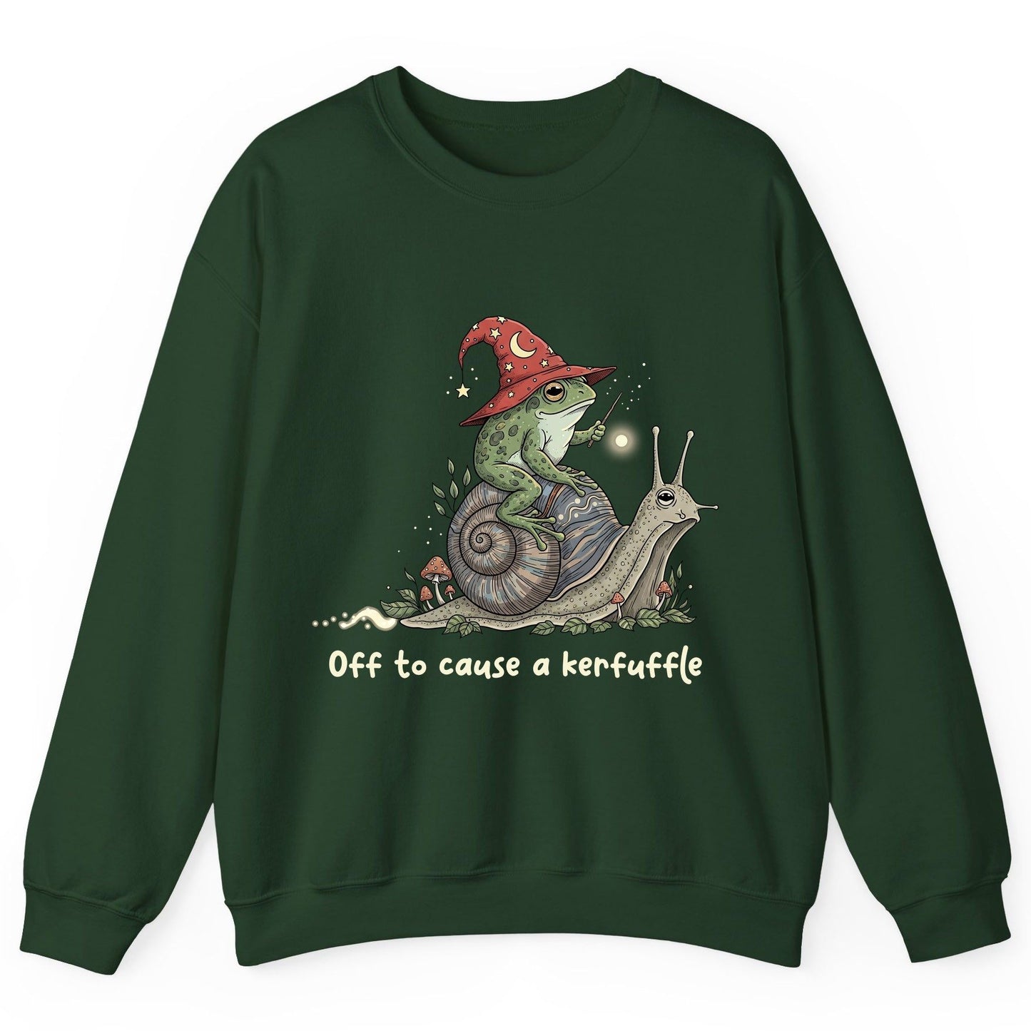 Off to Cause a Kerfuffle wizard frog Sweatshirt Forest Green product mockup