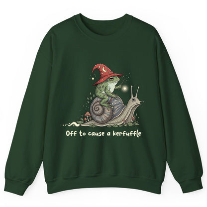 Off to Cause a Kerfuffle wizard frog Sweatshirt Forest Green product mockup