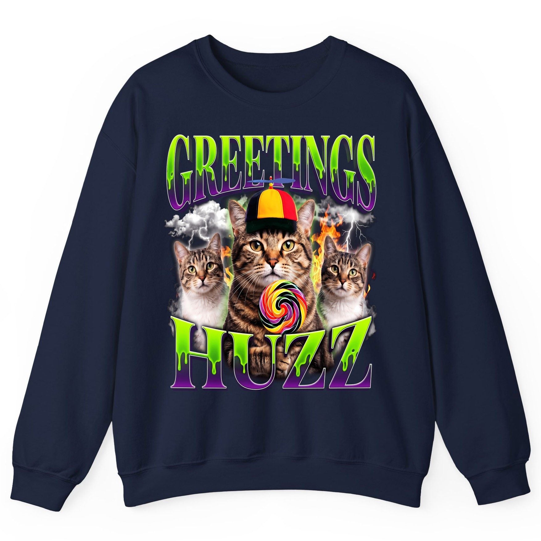 Greetings HUZZ Funny Cat Sweatshirt - product mockup - Navy