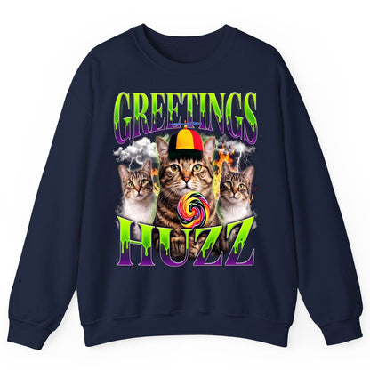Greetings HUZZ Funny Cat Sweatshirt - product mockup - Navy
