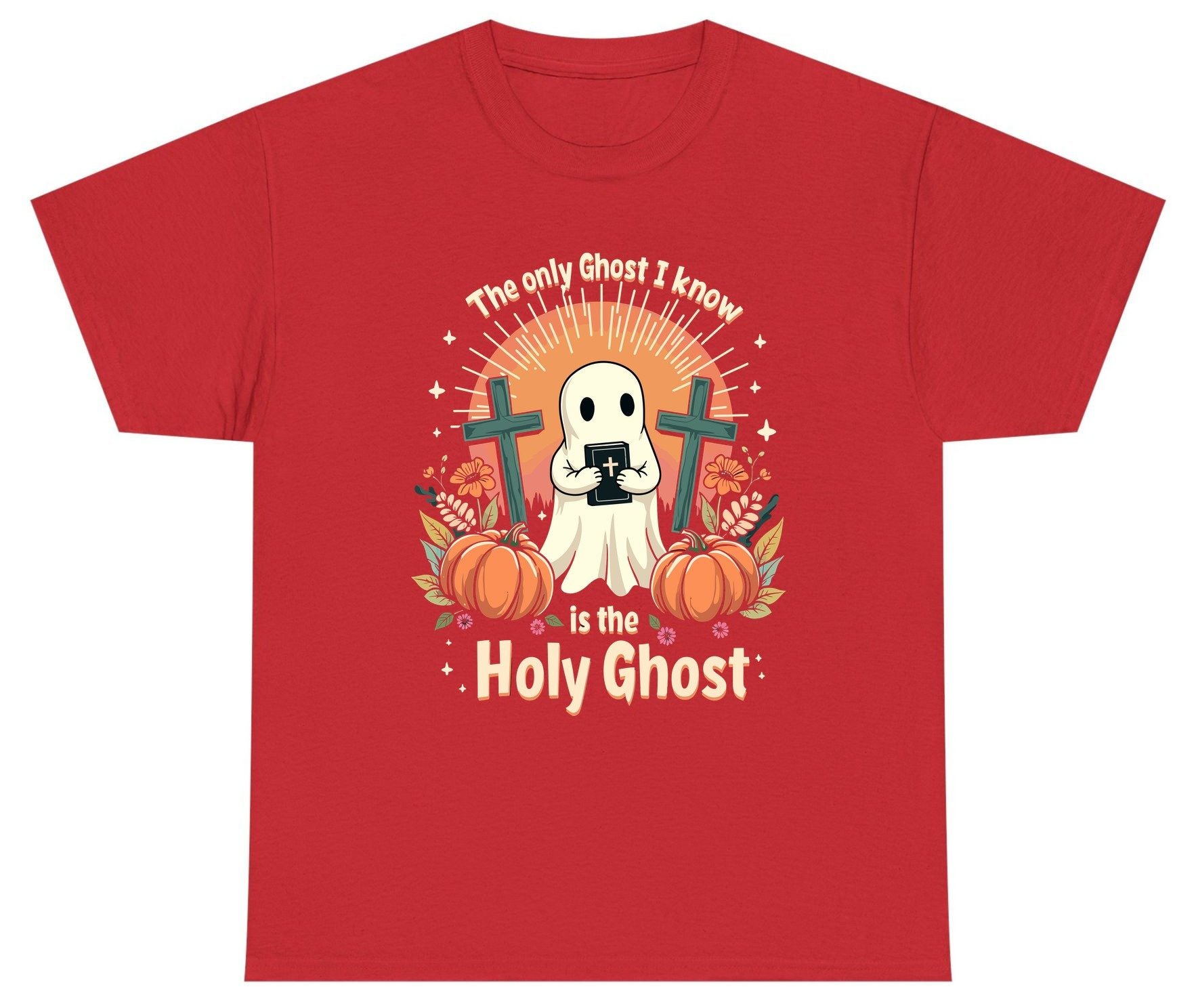 The Only Ghost I Know Is the Holy Ghost christian Halloween Youth T-Shirt Red product mockup