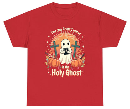 The Only Ghost I Know Is the Holy Ghost christian Halloween Youth T-Shirt Red product mockup