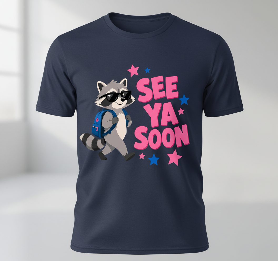 See Ya Soon Raccoon T-Shirt - product mockup - Navy