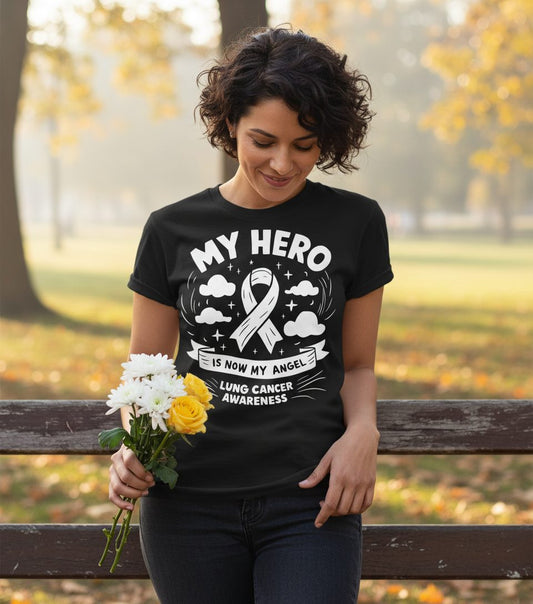 My Hero Is Now My Angel Lung Cancer Awareness lung cancer awareness T-Shirt Black lifestyle mockup