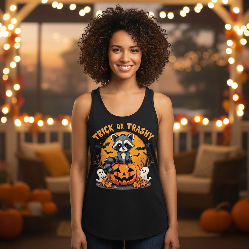Trick or Trashy raccoon Tank Top Black lifestyle mockup