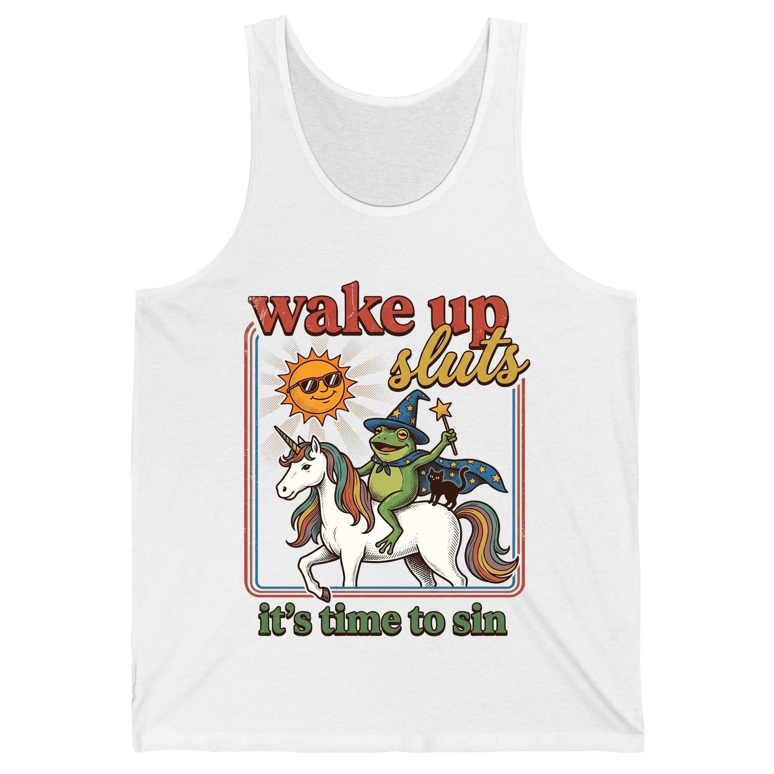 Wake Up Sluts It's Time to Sin Funny Wizard Frog Tank Top - product mockup - White