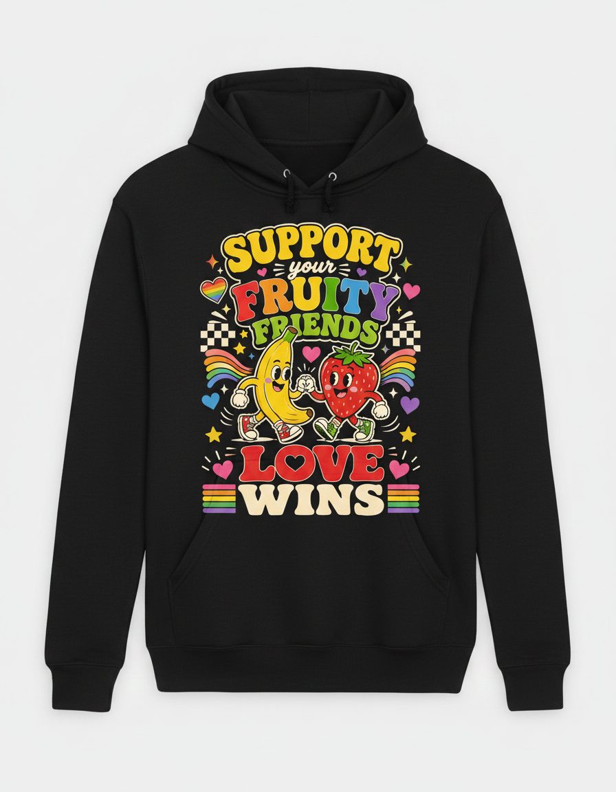 Support Your Fruity Friends Love Wins Retro Lgbtq+ Pride Hoodie - product mockup - Black