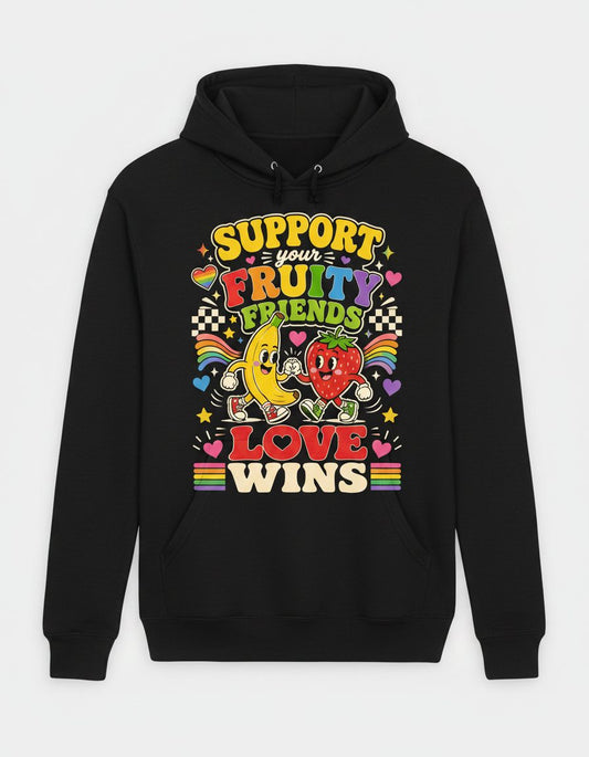 Support Your Fruity Friends Love Wins Retro Lgbtq+ Pride Hoodie - product mockup - Black