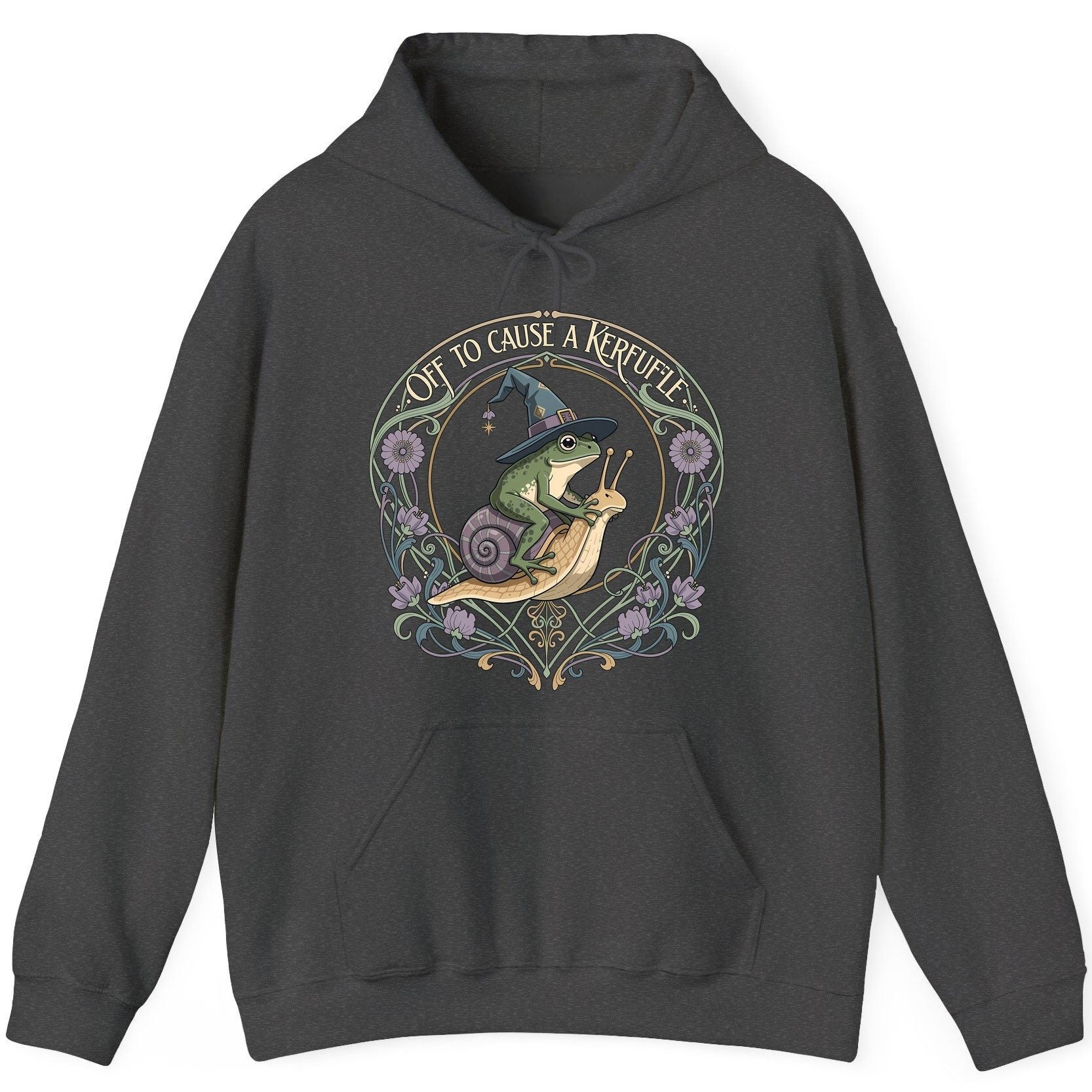Off to Cause a Kerfuffle frog riding a snail Hoodie Dark Heather product mockup