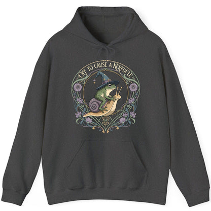 Off to Cause a Kerfuffle frog riding a snail Hoodie Dark Heather product mockup