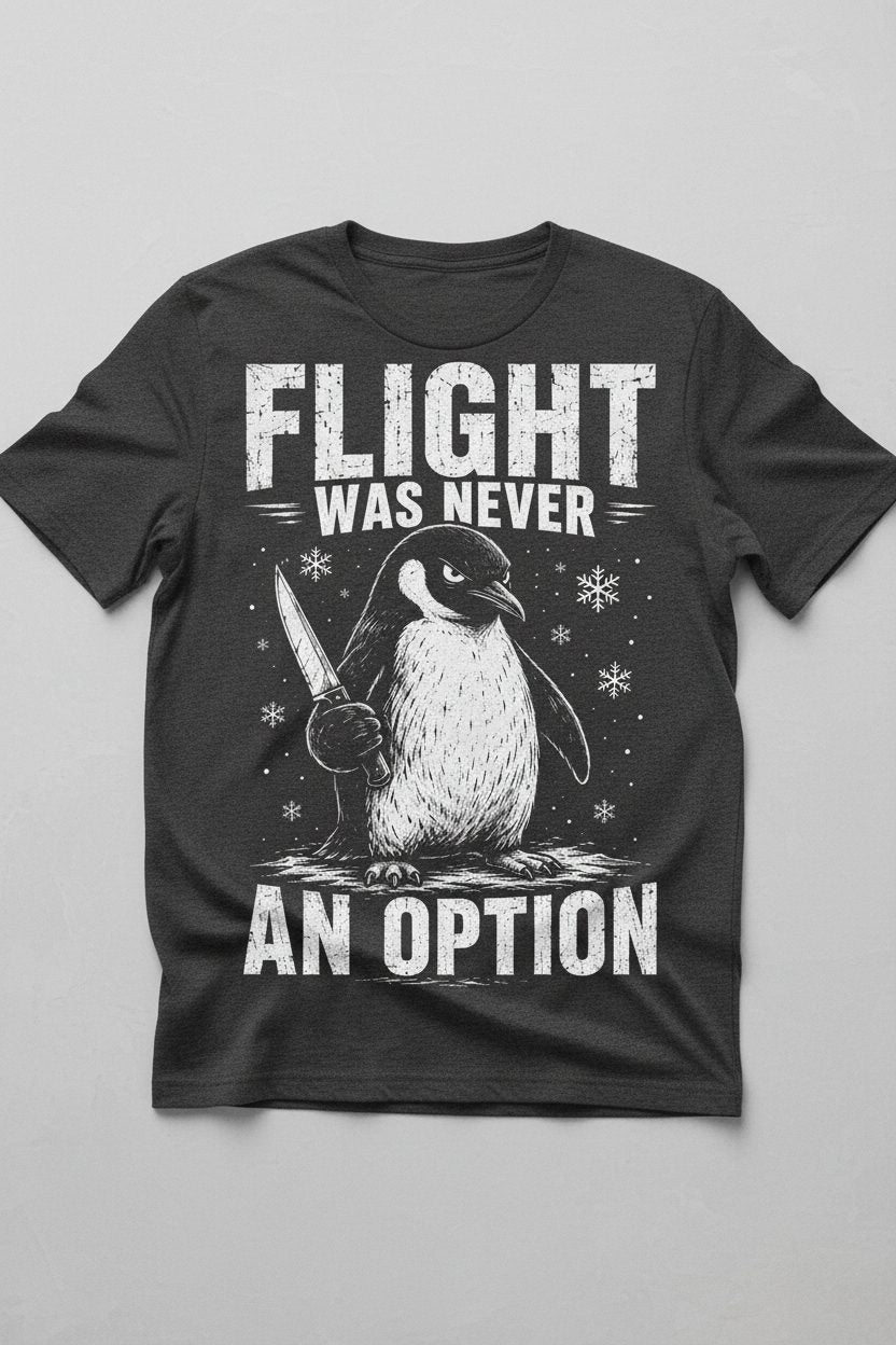 Flight Was Never an Option Funny Penguin T-Shirt - product mockup - Dark Heather