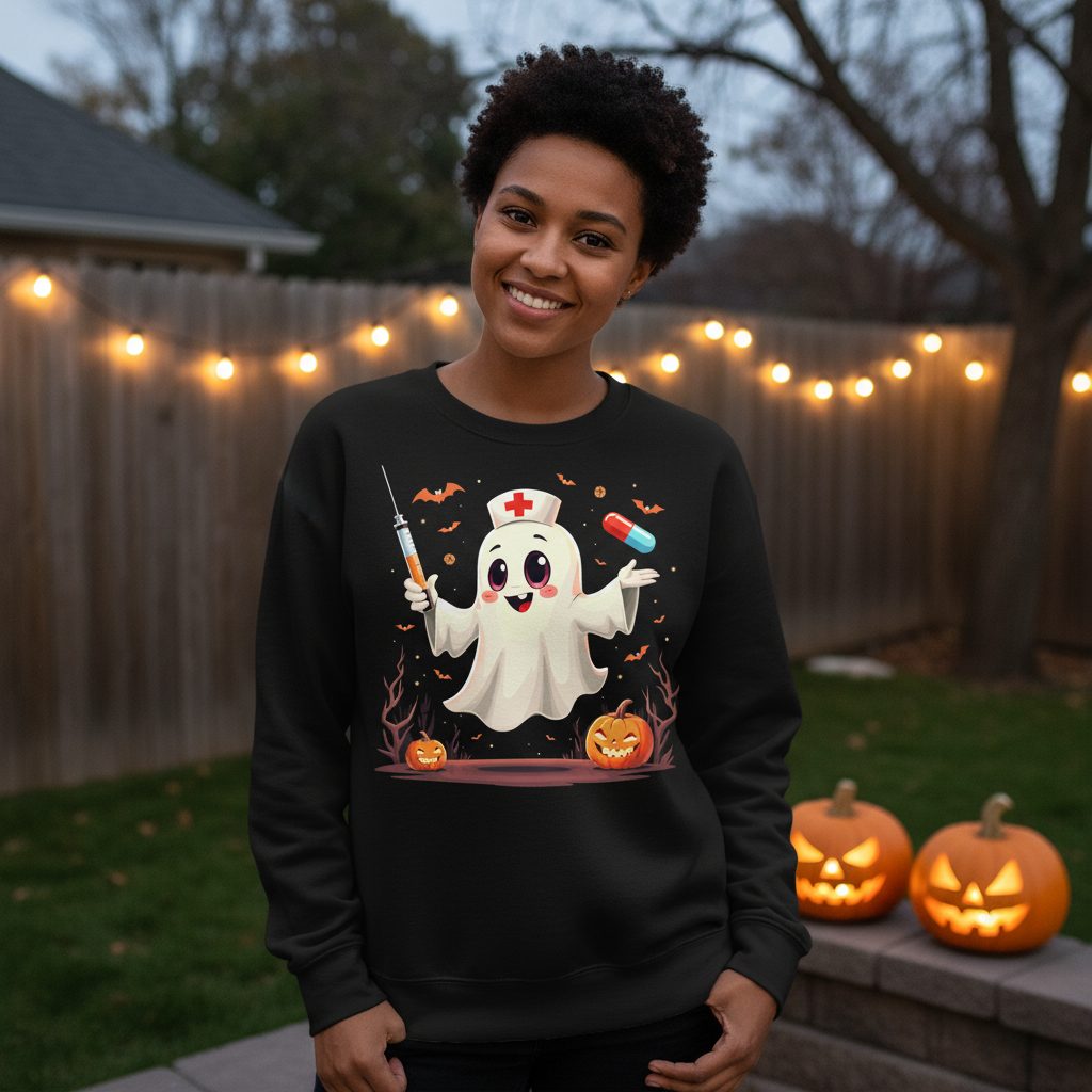 Cute Ghost Nurse Halloween ghost nurse Sweatshirt Black lifestyle mockup