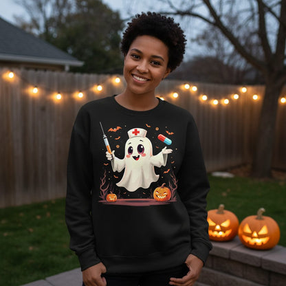 Cute Ghost Nurse Halloween ghost nurse Sweatshirt Black lifestyle mockup