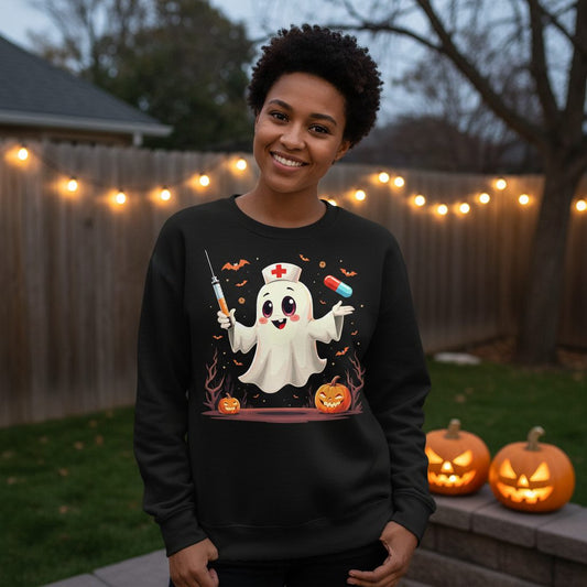 Cute Ghost Nurse Halloween ghost nurse Sweatshirt Black lifestyle mockup