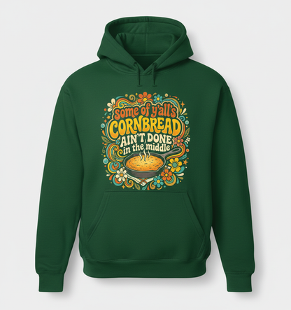 Funny Southern Saying 'Cornbread Ain't Done' Retro 70s Design Hoodie - Forest Green