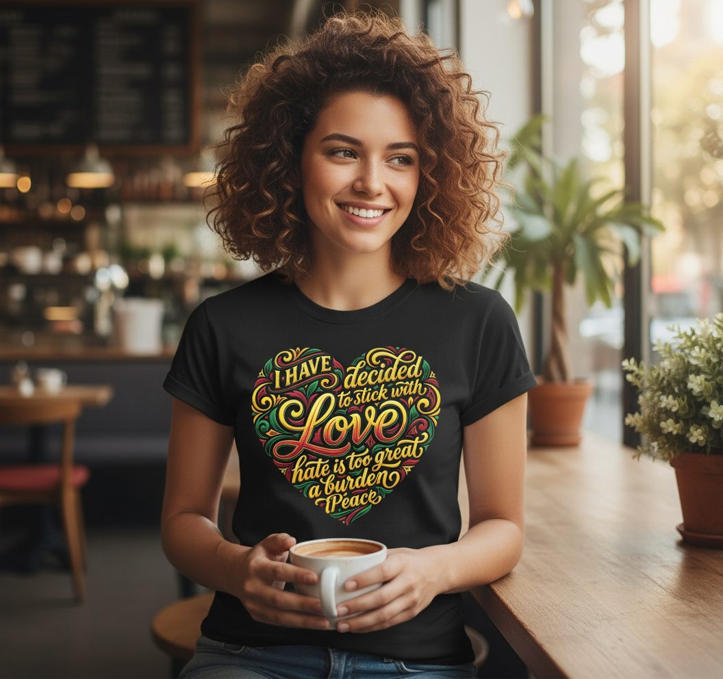 I Have Decided to Stick with Love Hate Is Too Great a Burden to Bear love and peace Youth T-Shirt Black lifestyle mockup