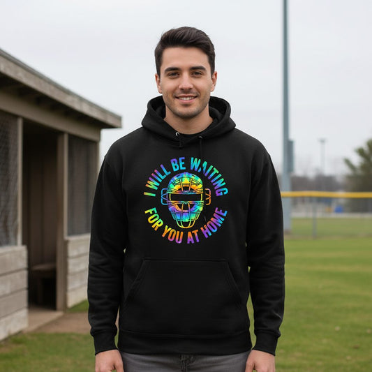 I Will Be Waiting for You at Home baseball catcher Hoodie Black lifestyle mockup
