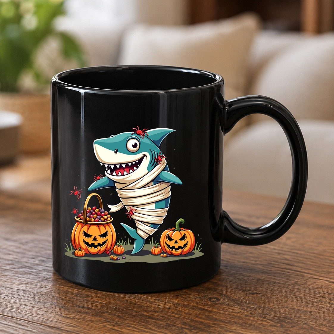 Mummy Shark Halloween shark Black Mug Black product mockup