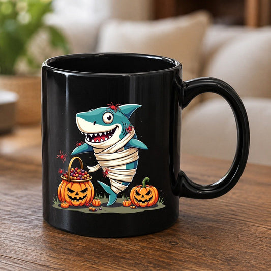 Mummy Shark Halloween shark Black Mug Black product mockup