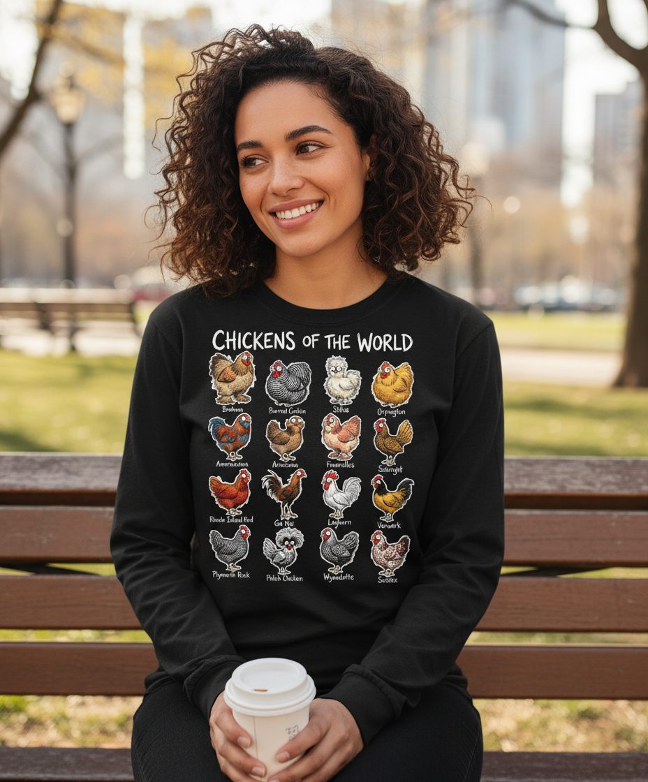 Chickens of the World chicken breeds Long Sleeve Tee Black lifestyle mockup
