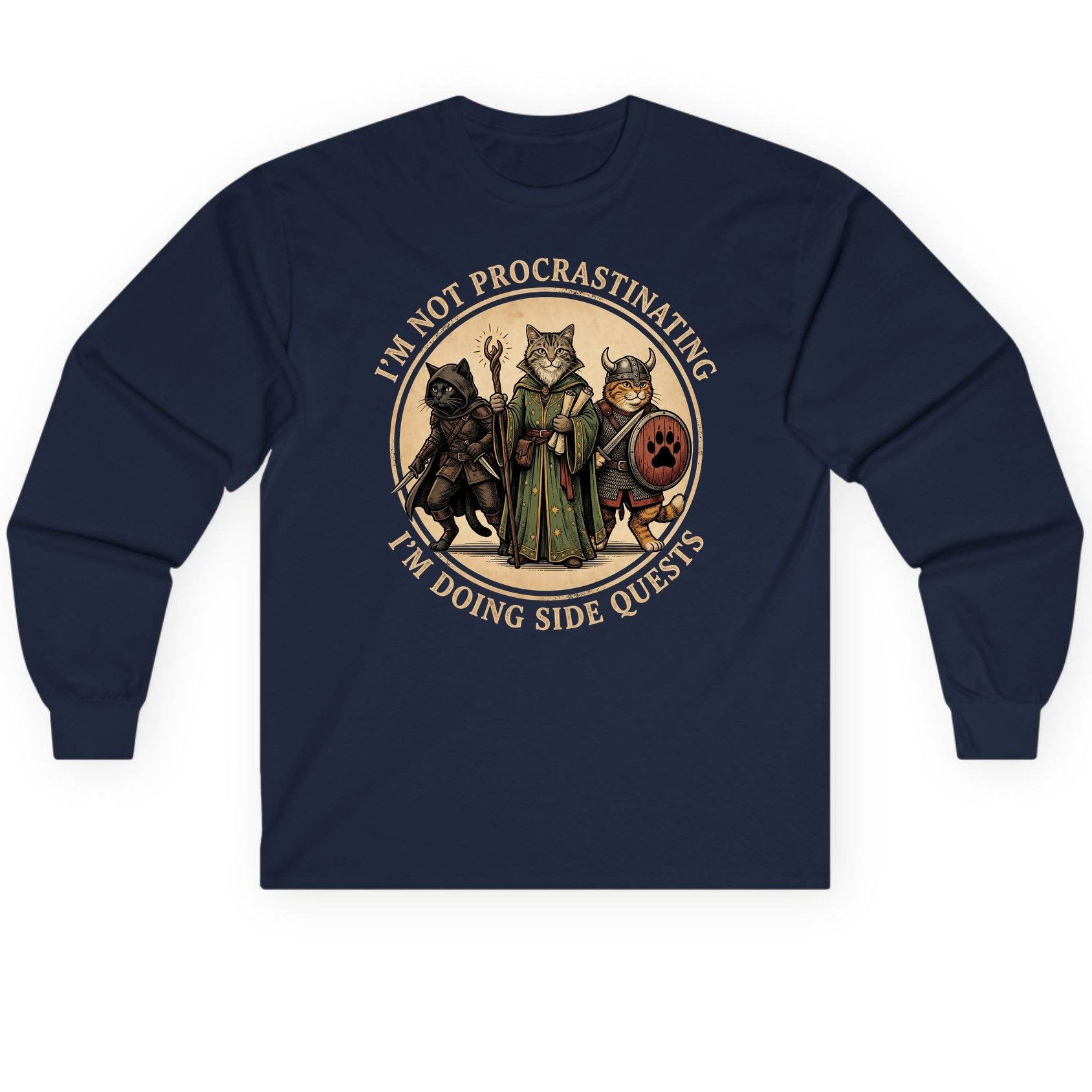 I'm Not Procrastinating I'm Doing Side Quests rpg cats Long Sleeve Tee Navy product mockup
