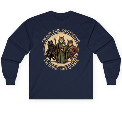 I'm Not Procrastinating I'm Doing Side Quests rpg cats Long Sleeve Tee Navy product mockup