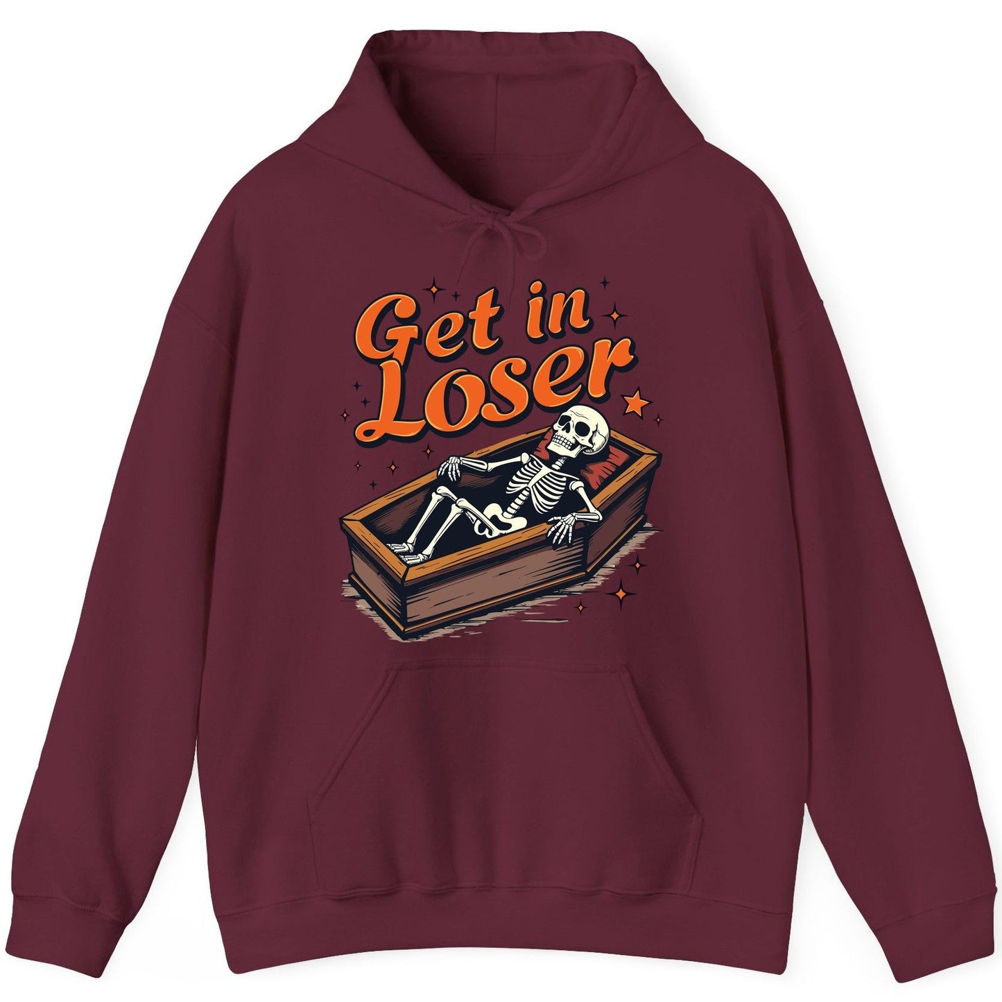 Get in Loser skeleton in coffin Hoodie Maroon product mockup