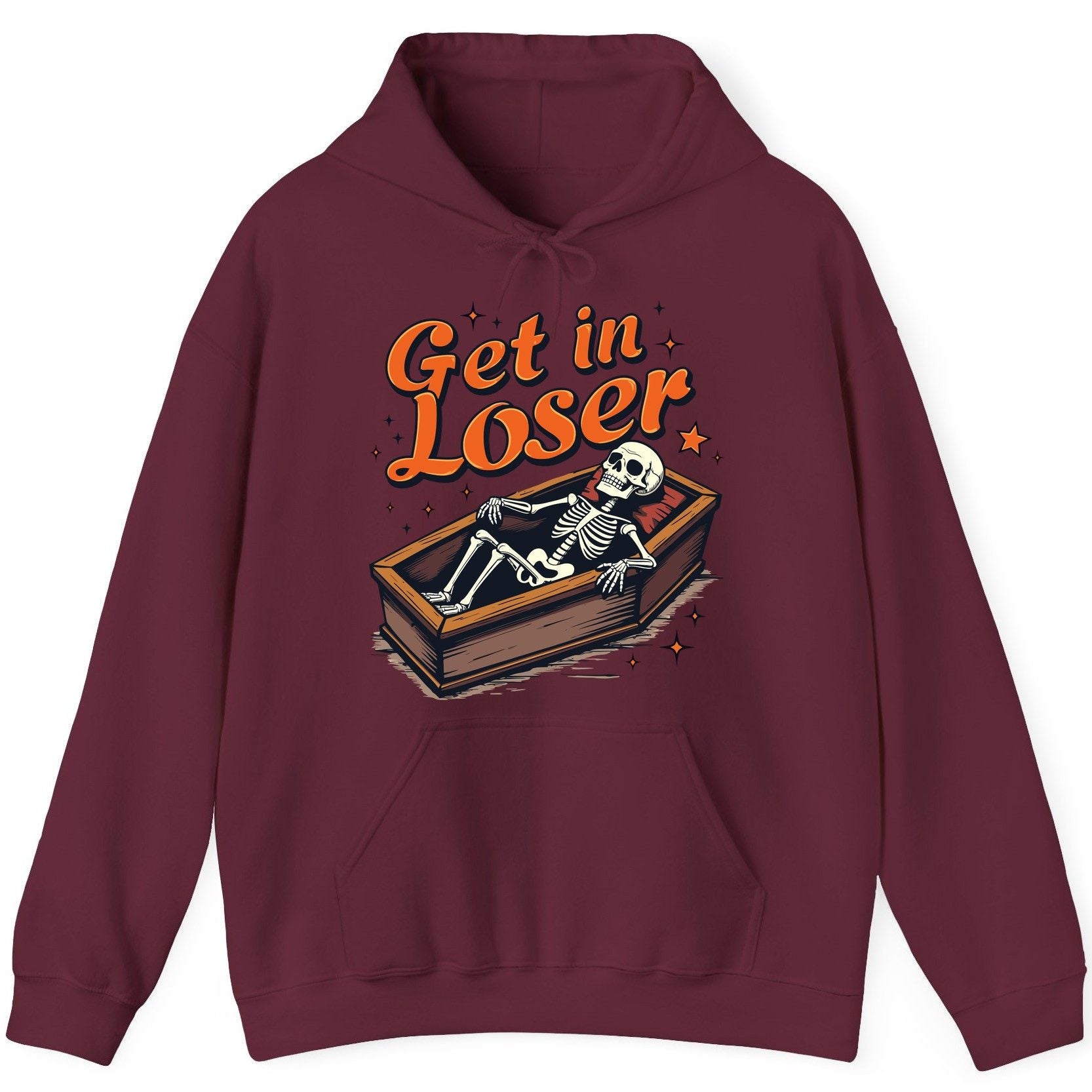 Get in Loser skeleton in coffin Hoodie Maroon product mockup