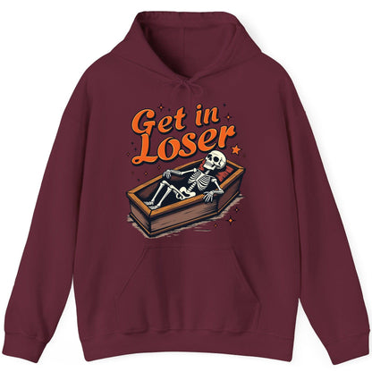 Get in Loser skeleton in coffin Hoodie Maroon product mockup