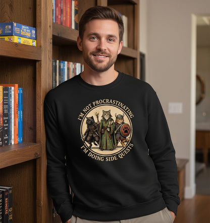 I'm Not Procrastinating I'm Doing Side Quests rpg cats Sweatshirt Black lifestyle mockup
