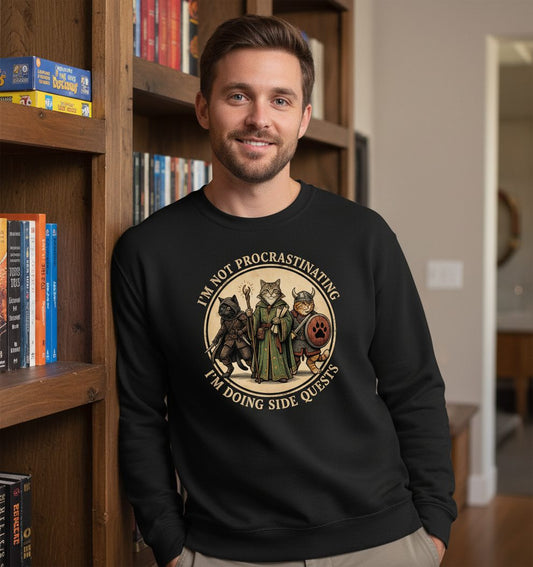 I'm Not Procrastinating I'm Doing Side Quests rpg cats Sweatshirt Black lifestyle mockup