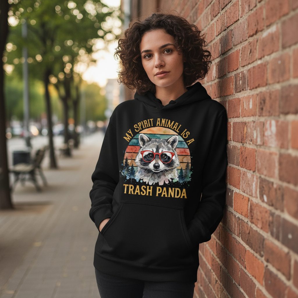 My Spirit Animal Is a Trash Panda raccoon Hoodie Black lifestyle mockup