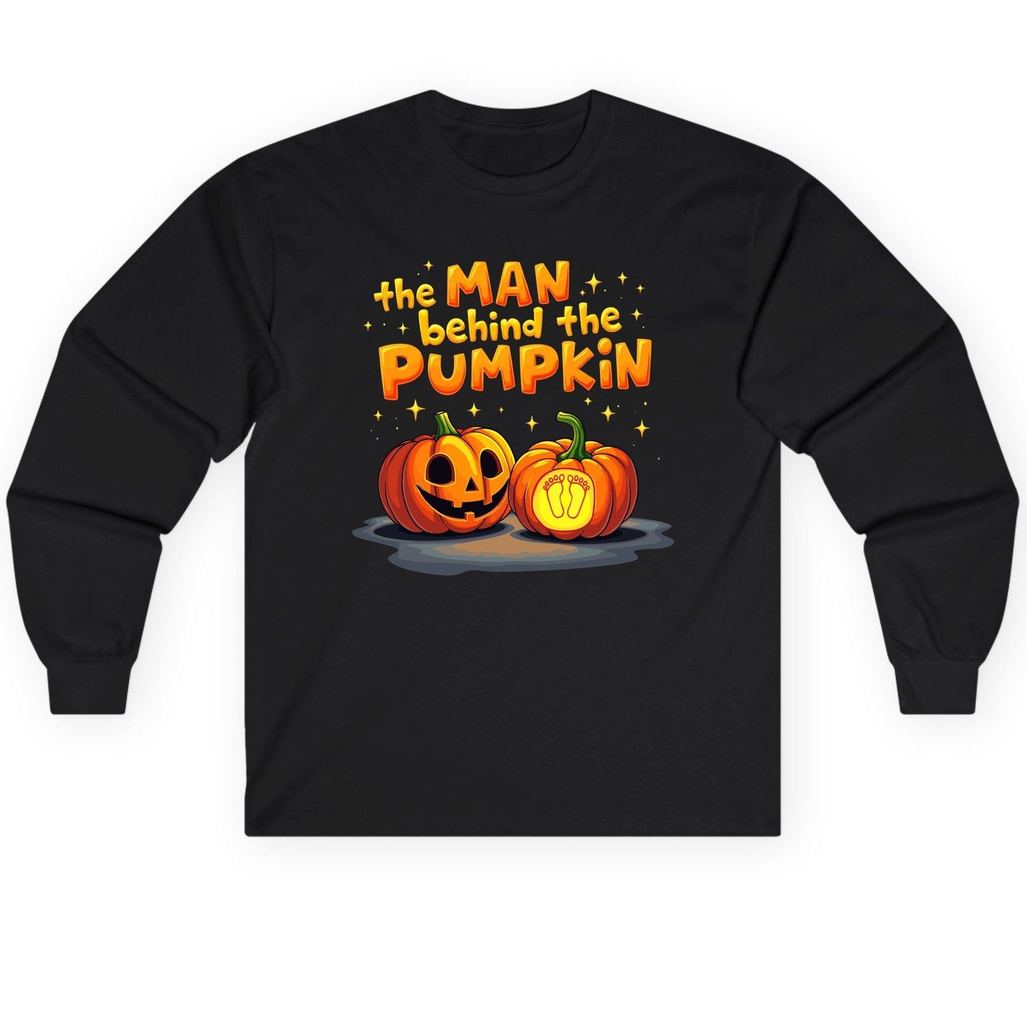 The Man Behind the Pumpkin Halloween pregnancy announcement Long Sleeve Tee Black product mockup