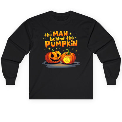 The Man Behind the Pumpkin Halloween pregnancy announcement Long Sleeve Tee Black product mockup