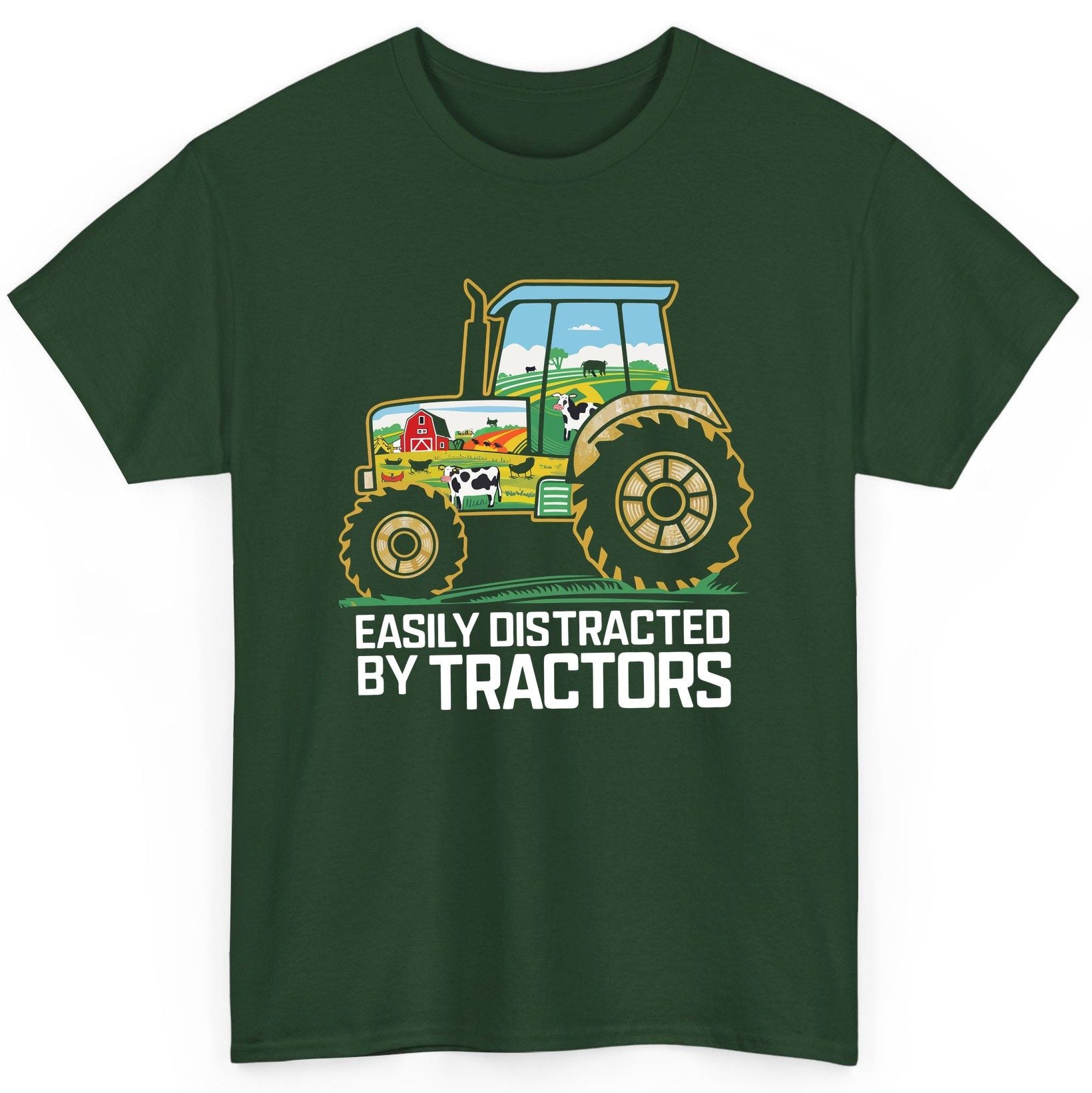 Easily Distracted by Tractors farming T-Shirt Forest Green product mockup