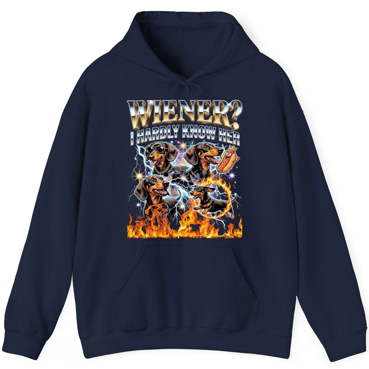 Wiener I Hardly Know Her dachshund Hoodie Navy product mockup