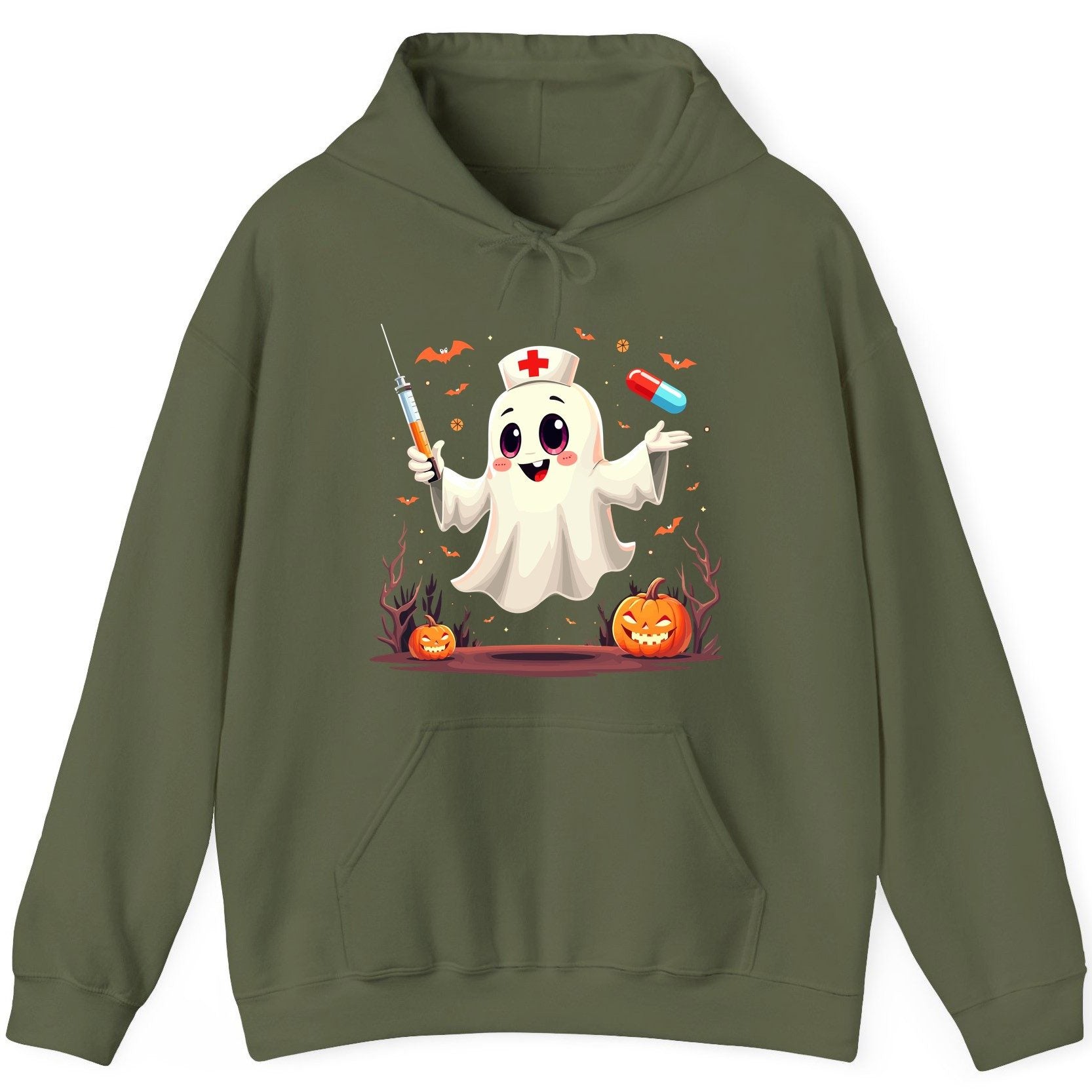 Cute Ghost Nurse Halloween ghost nurse Hoodie Military Green product mockup