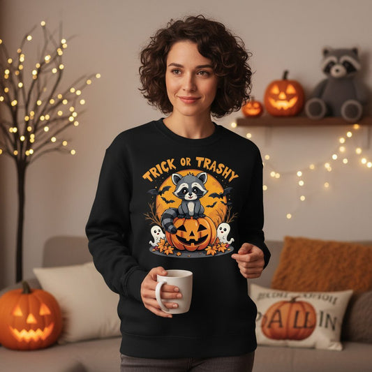 Trick or Trashy raccoon Sweatshirt Black lifestyle mockup