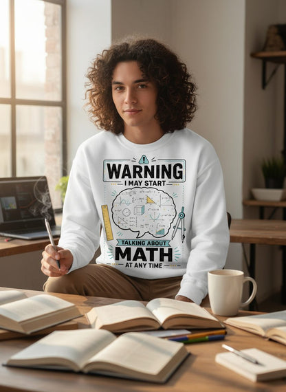 Warning I May Start Talking About Math at Any Time Funny Teachers Sweatshirt - lifestyle model mockup - White