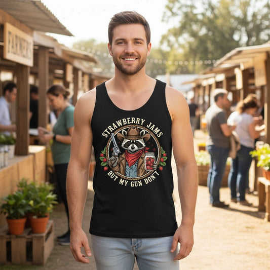 Strawberry Jams but My Gun Don't cowboy raccoon Tank Top Black lifestyle mockup