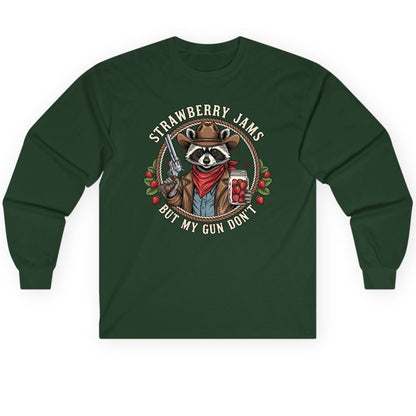 Strawberry Jams but My Gun Don't cowboy raccoon Long Sleeve Tee Forest Green product mockup