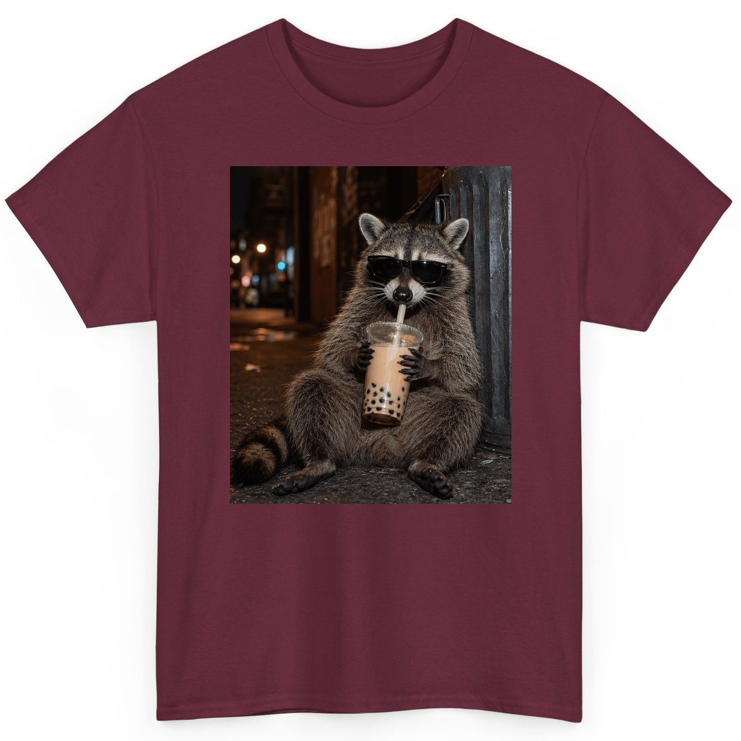 Cool Raccoon Bubble Tea Funny Lovers T-Shirt - product mockup - Maroon