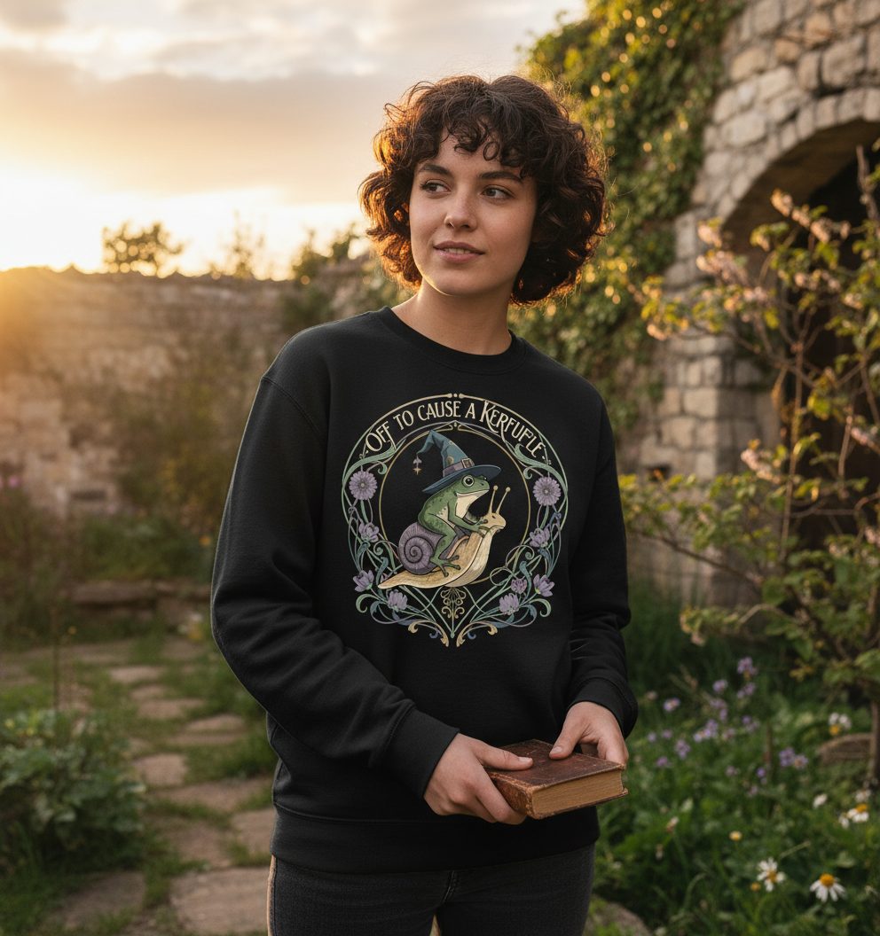 Off to Cause a Kerfuffle frog riding a snail Sweatshirt Black lifestyle mockup