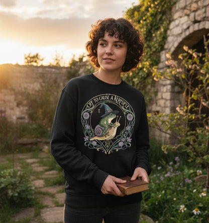 Off to Cause a Kerfuffle frog riding a snail Sweatshirt Black lifestyle mockup