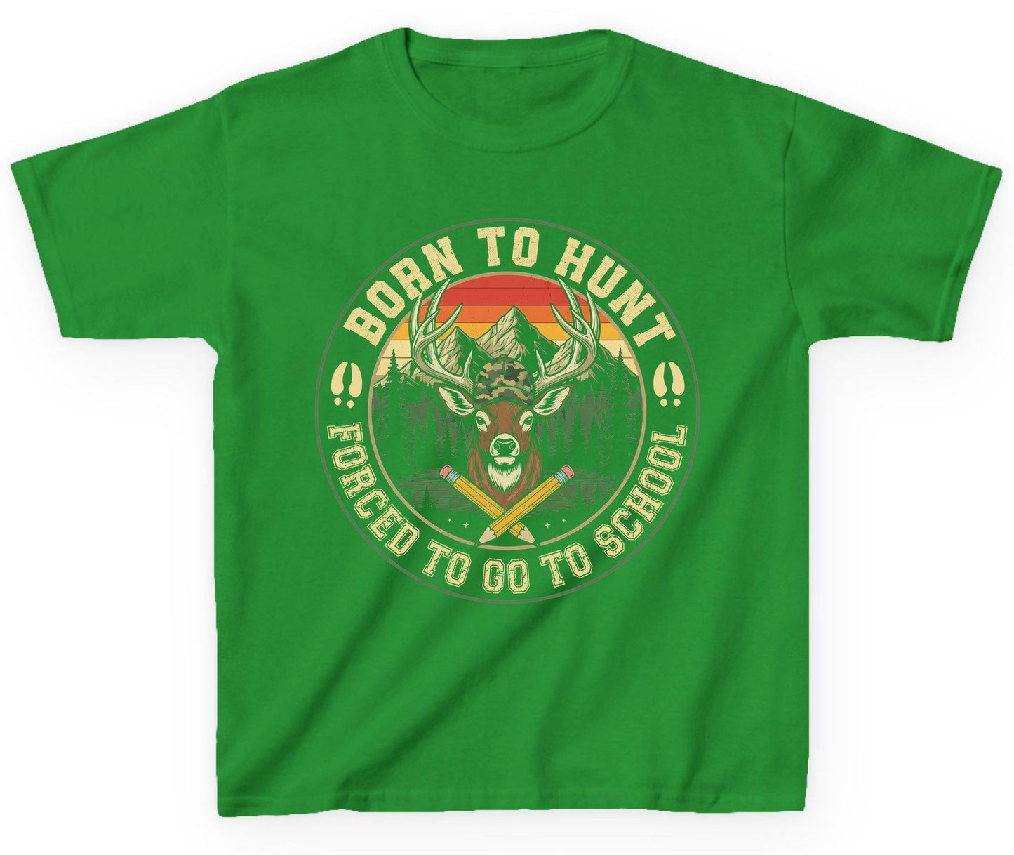 Born to Hunt Forced to Go to School hunting Youth T-Shirt Irish Green product mockup
