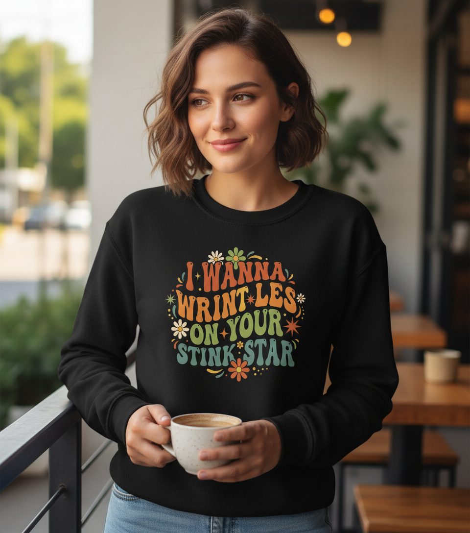 I WANNA COUNT THE Wrinkles ON YOUR STINK STAR Sweatshirt - lifestyle model mockup - Black
