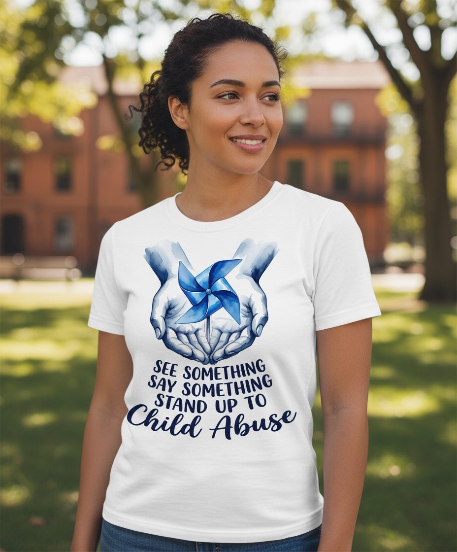 SEE Something SAY Something STAND UP TO Child Abuse Awareness T-Shirt - lifestyle model mockup - White