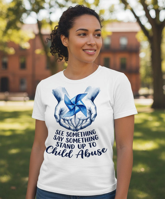 SEE Something SAY Something STAND UP TO Child Abuse Awareness T-Shirt - lifestyle model mockup - White