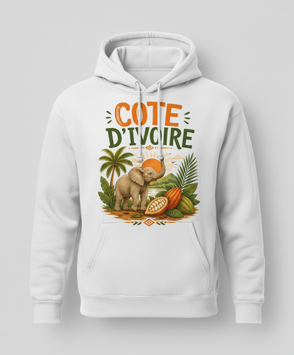 Cote D'Ivoire Elephant Travel Art Hoodie - product mockup - White
