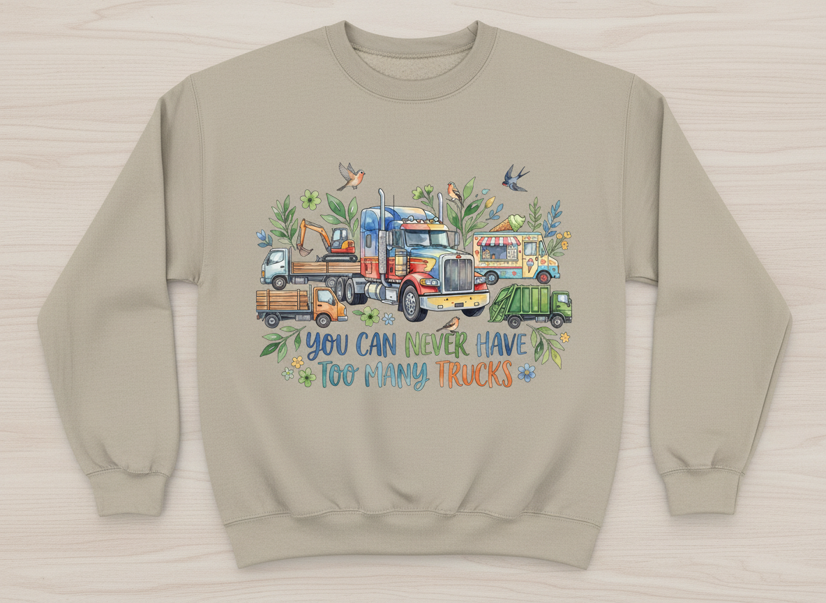 You Can Never Have Too Many Trucks Watercolor Design Sweatshirt - Sand